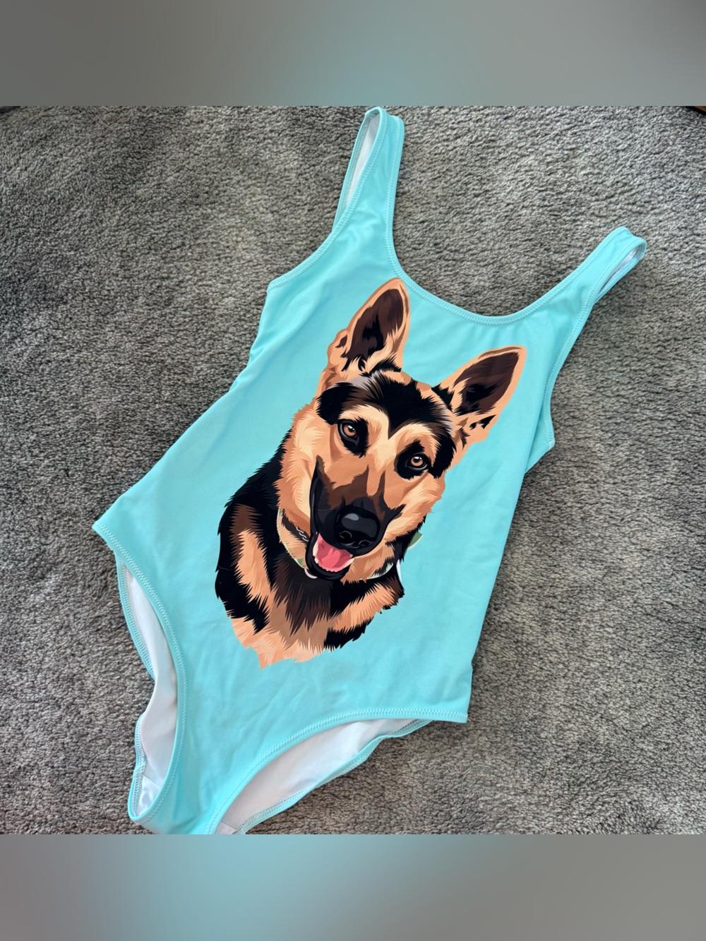 Swimsuit with German shepherd on it